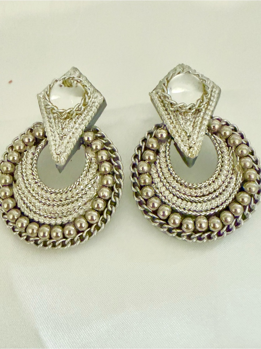 Vintage Style Silver Tone Chain Mesh Beaded Statement Door Knocker Earrings